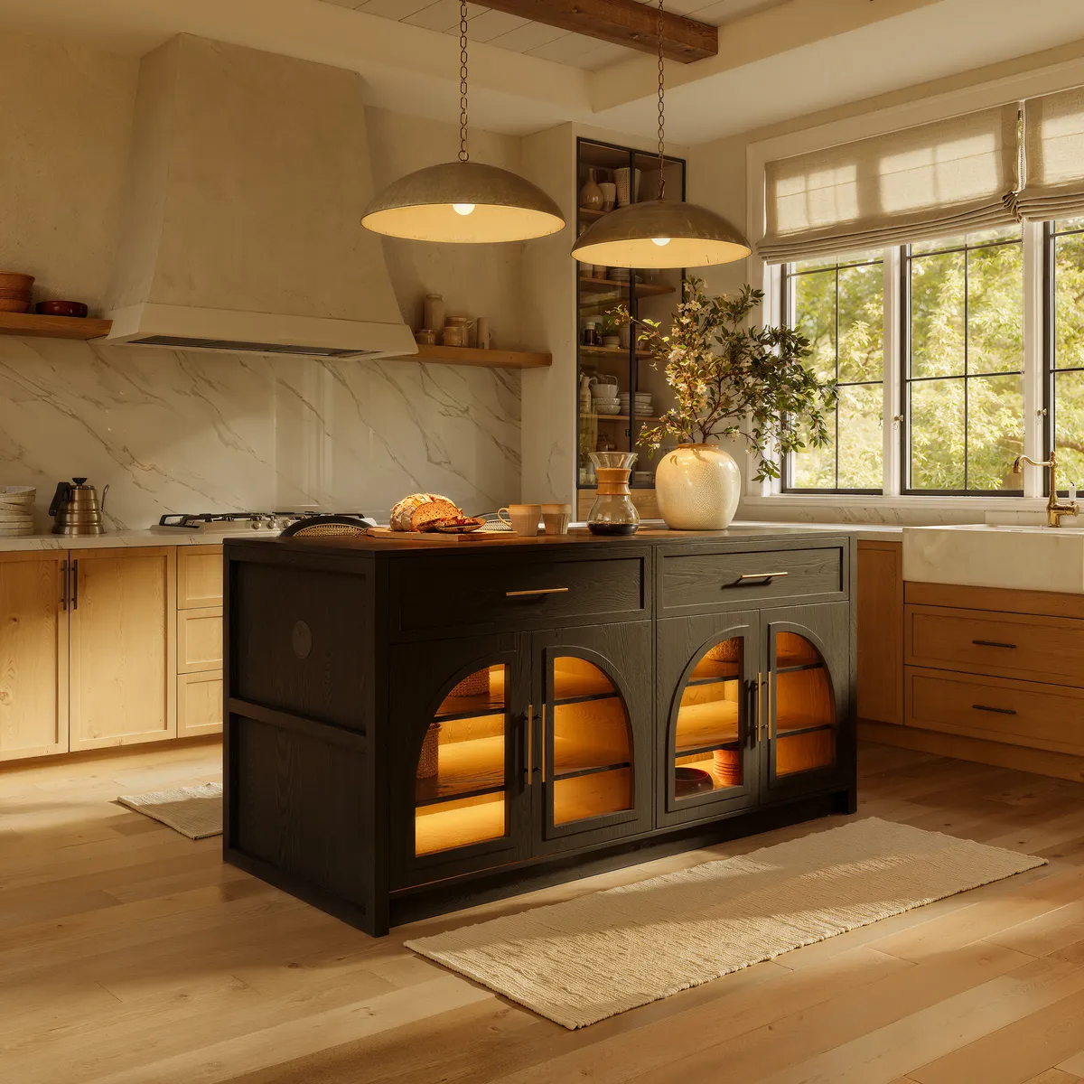 71" Modern Style Black Kitchen Islands with Glass Doors & Drawers — image 3