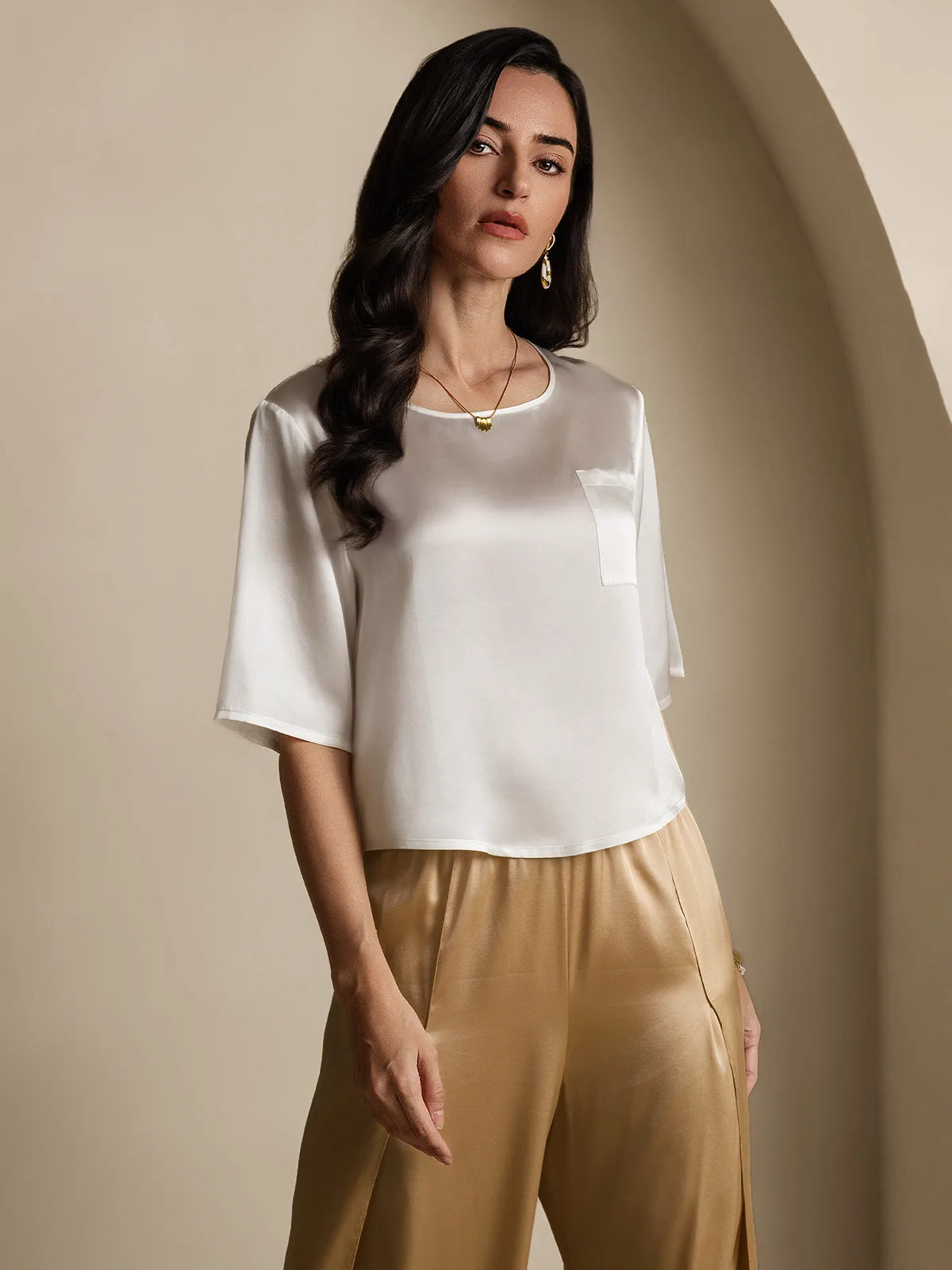 100% Mulberry Silk Women's Blouse Short Sleeve Boxy Crop Top — image 5