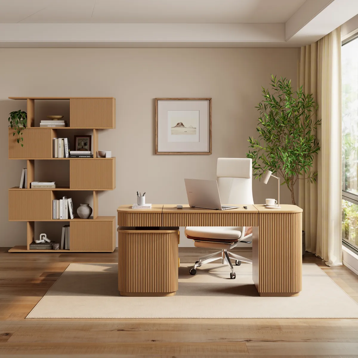 Modern 65" L-Shape Natural Executive Desk with Right-Side Cabinet — image 18