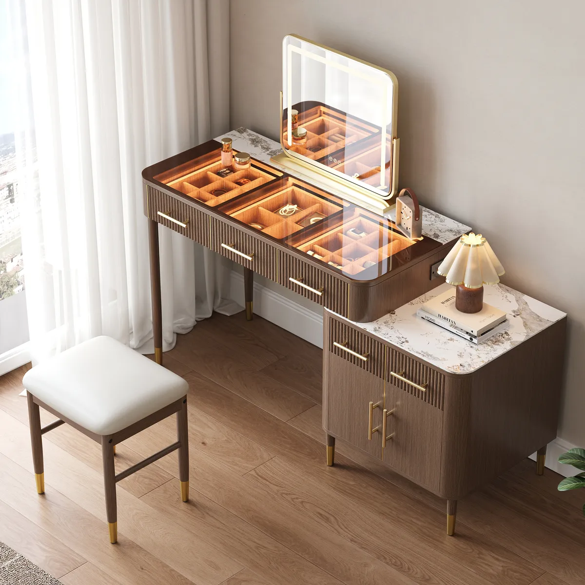 White Makeup Vanity Set with Lighted Mirror & Stool Mid Century Modern Dressing Table with Glass Top