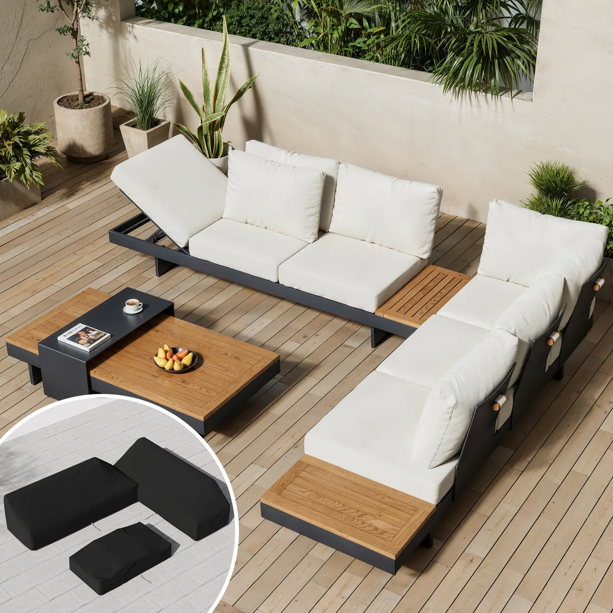 Tevara 7-Piece Outdoor Teak & Aluminum Modular Sofa Set for 6 with Ivory Cover — image 12