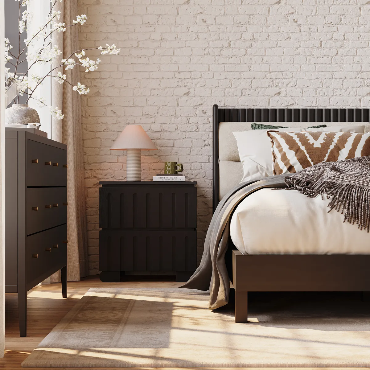 Modern Solid Wood King Upholstered Bed & 2 Drawer Ash Wood Nightstand Set with with Faux Travertine Top — image 17