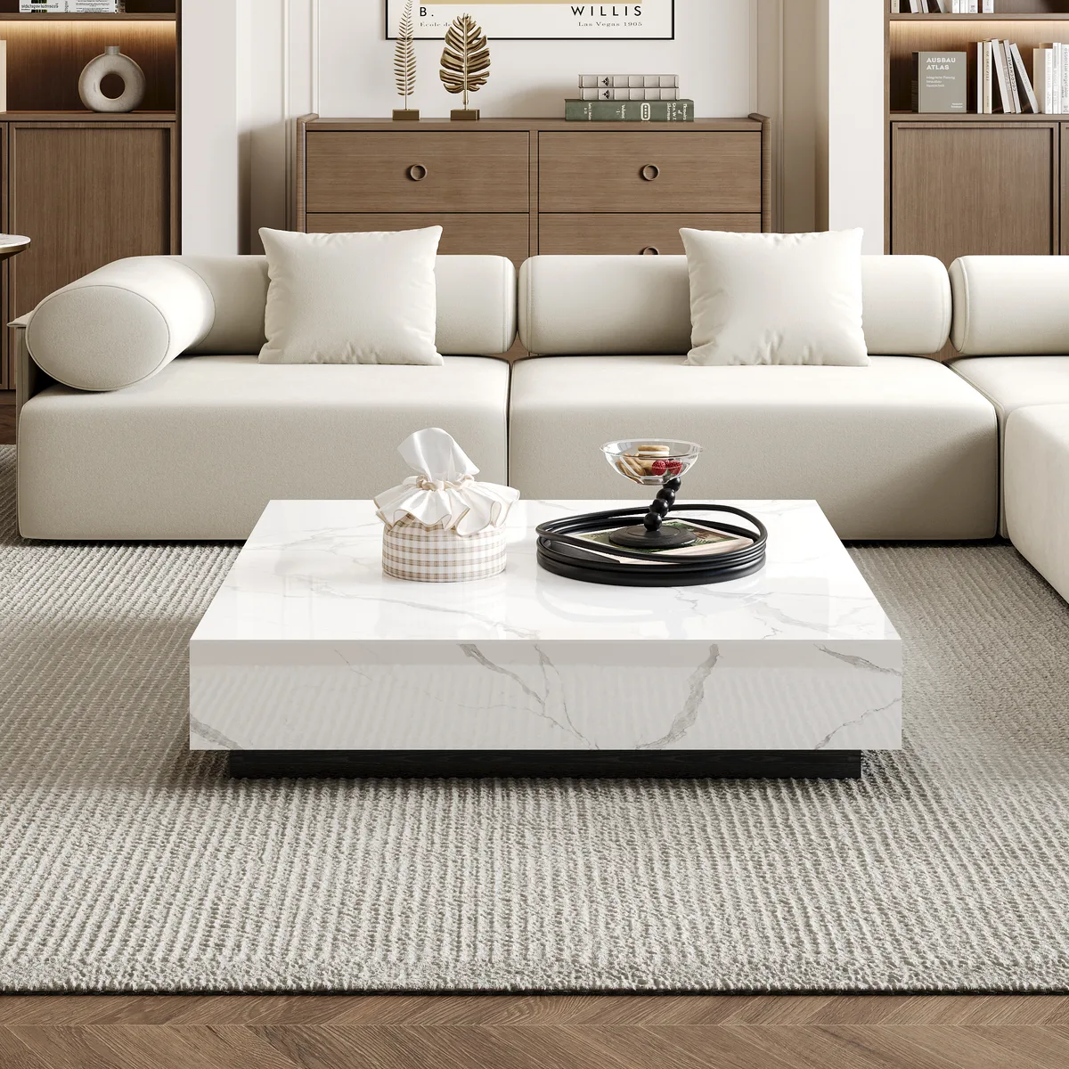 39" Square Sintered Stone Block Coffee Table With Wood Base — image 2
