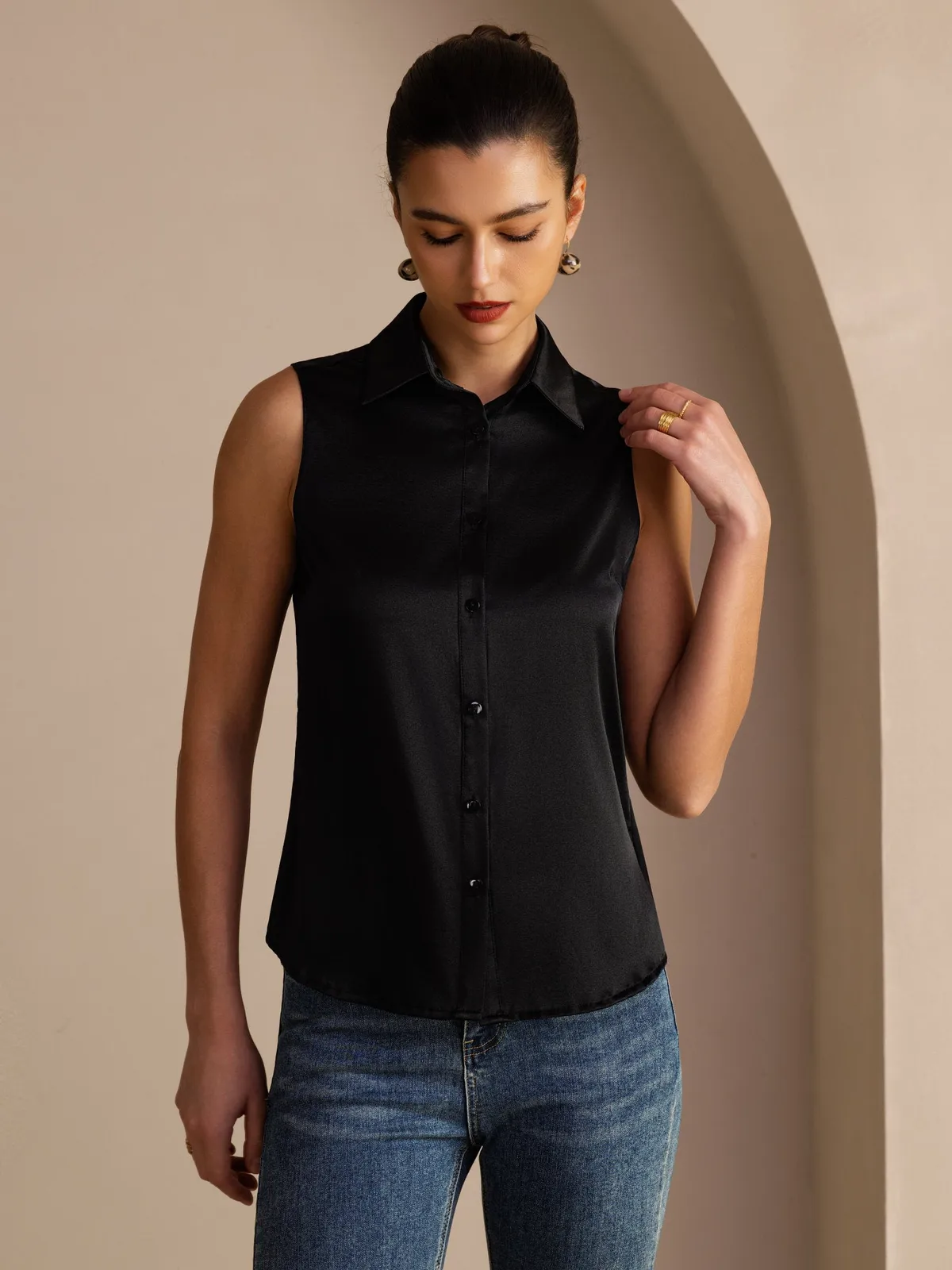 19Momme Silk Sleeveless Lapel Collar Women's Shirt with Button Up Design — image 5