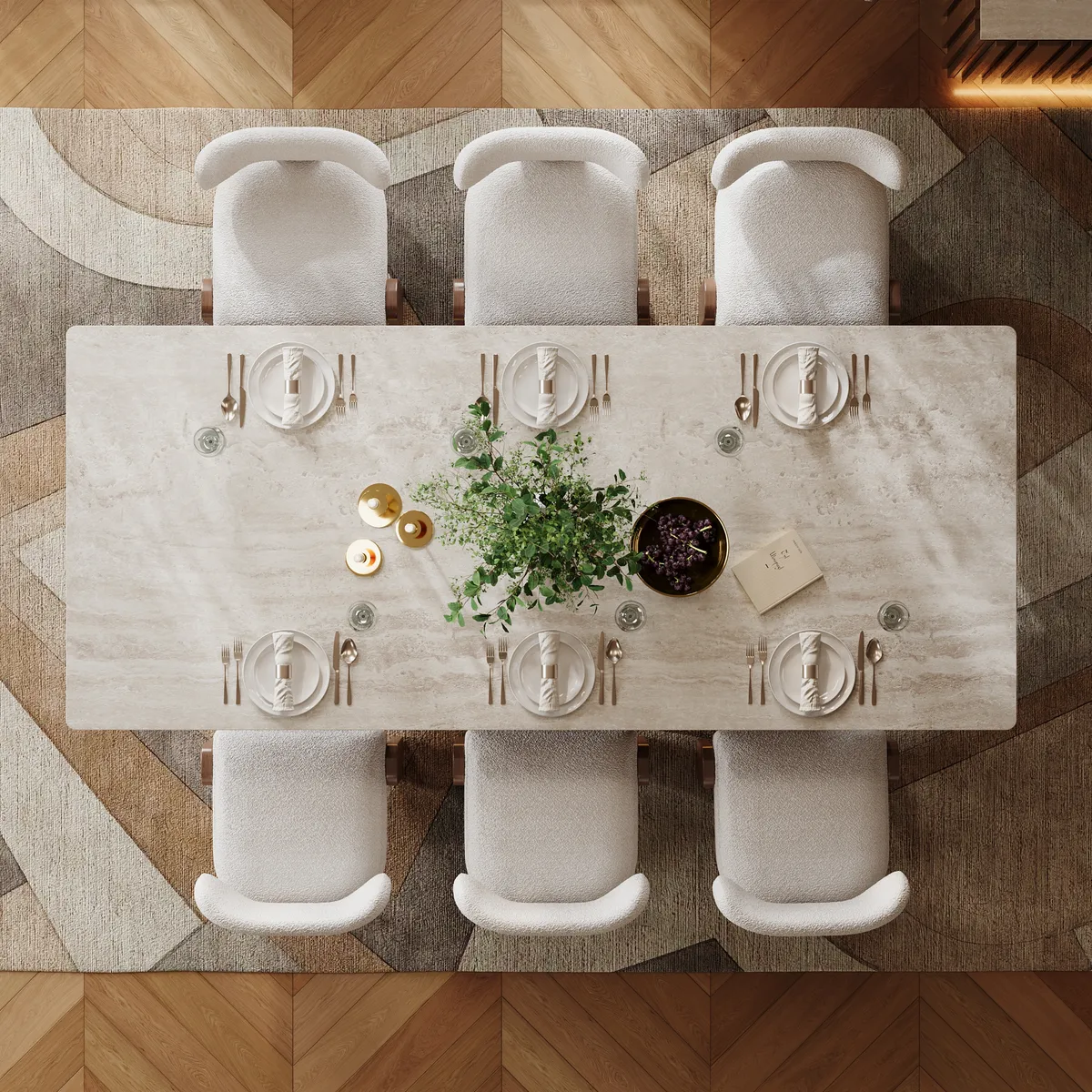 Dining Set 84" Rectangular Faux Travertine Sintered Stone Dining Table with 6 Chairs — image 4
