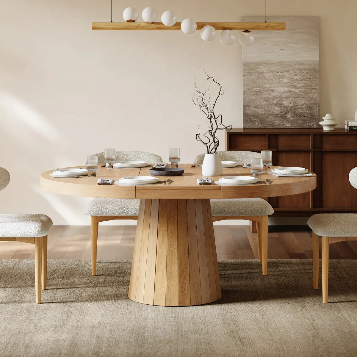 Japandi 39"-55" Extendable Dining Table for 6 White Oval&Round Table Pedestal — image 5