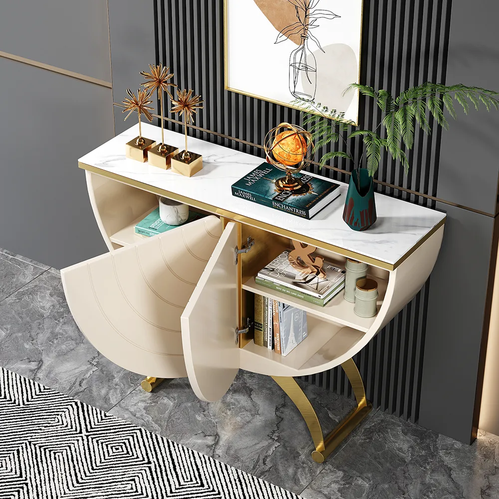 Modern Gold Console Table Sintered Stone Top Entryway Storage Cabinet with Doors — image 4