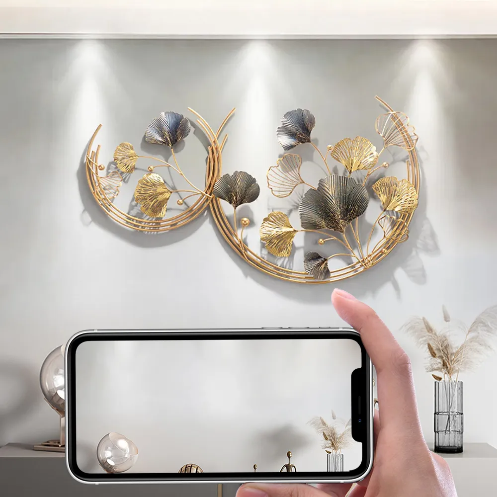 Modern 3D Hollow-out Ginkgo Leaves Wall Decor Home Metal Round Wall Art in Gold & — image 6