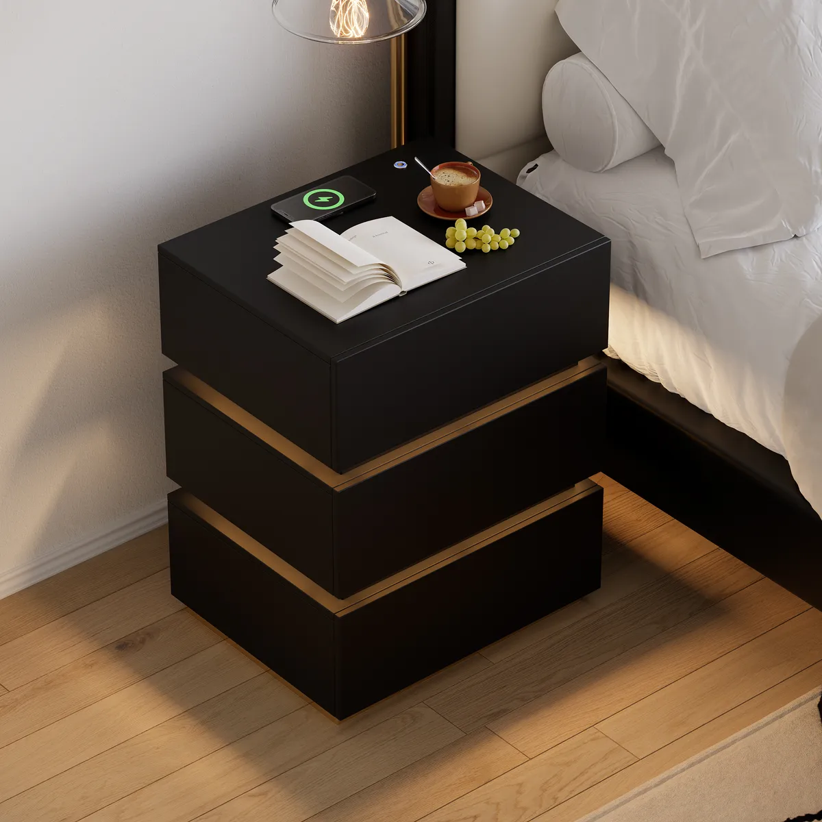 Smart 3-Drawer Nightstand with Charging Station Bedside Table with Light — image 4