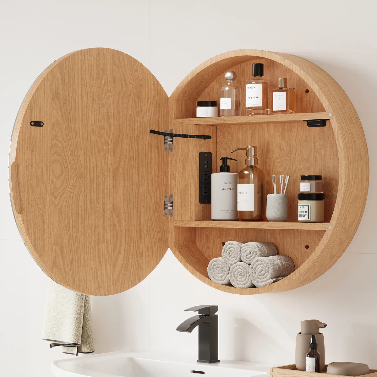 24" Round LED Walnut Medicine Cabinet with Storage, Anti-Fog, Dimmable — image 13
