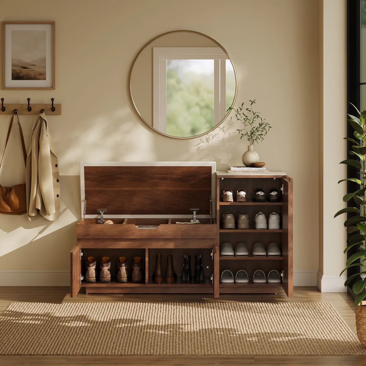 Aura 47” Wooden Shoe Storage Bench with Right-Side Cabinet for Entryway — image 4