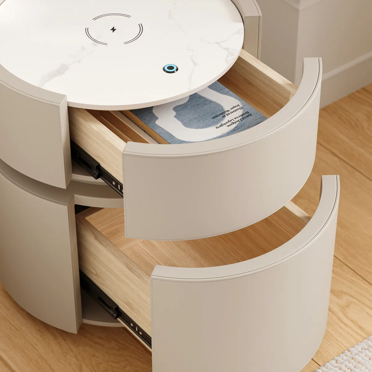 Round Saddle Leather Nightstand with Wireless Charging Bedside Table — image 9