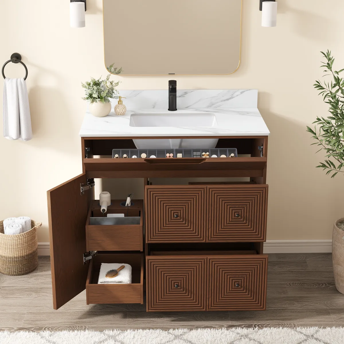 36" Walnut Single Bathroom Vanity with Sink and Sintered Stone Top — image 4