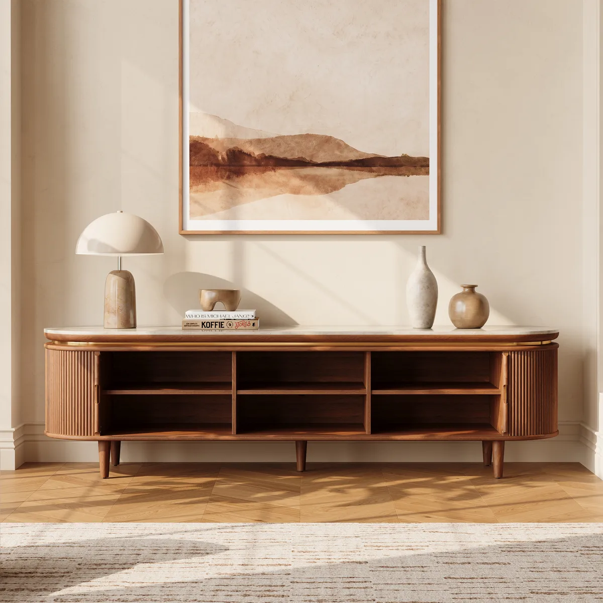 79" Ash Wood Walnut Fluted TV Stand with Sintered Stone Top — image 6