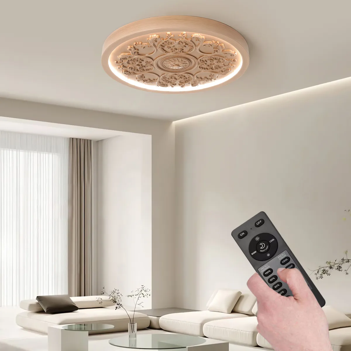 French Elegant White Resin 3D Carved LED Dimmable Flush Mount Ceiling Light — image 2