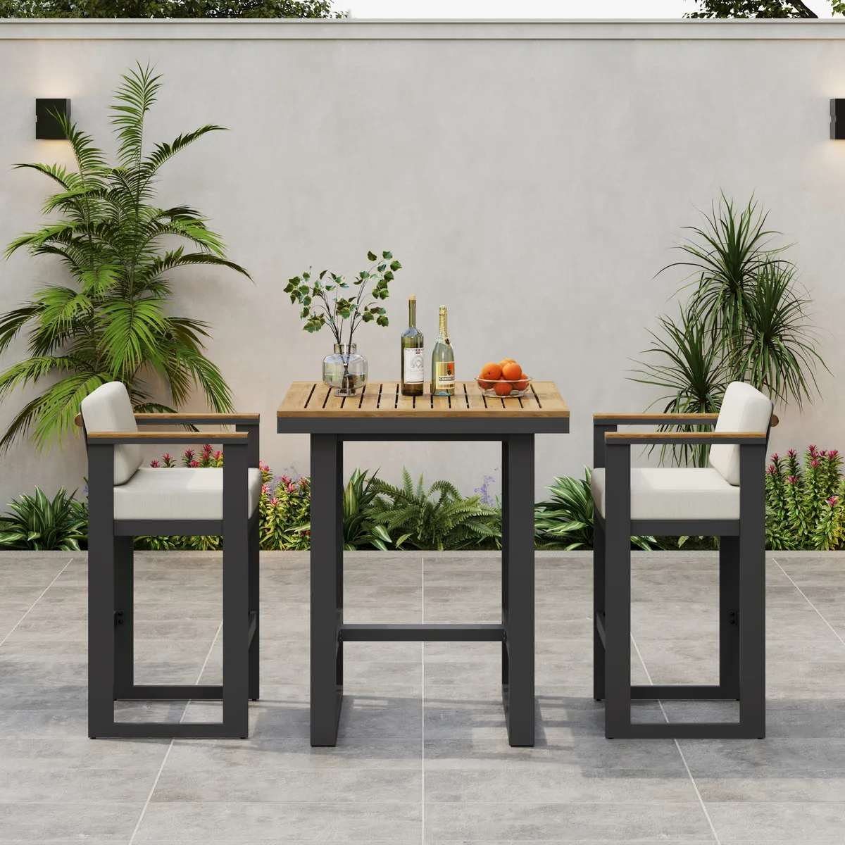 Tevara Outdoor Teak Wood Slat Top & Sand Aluminum Frame Bar Table for Patio — image 4