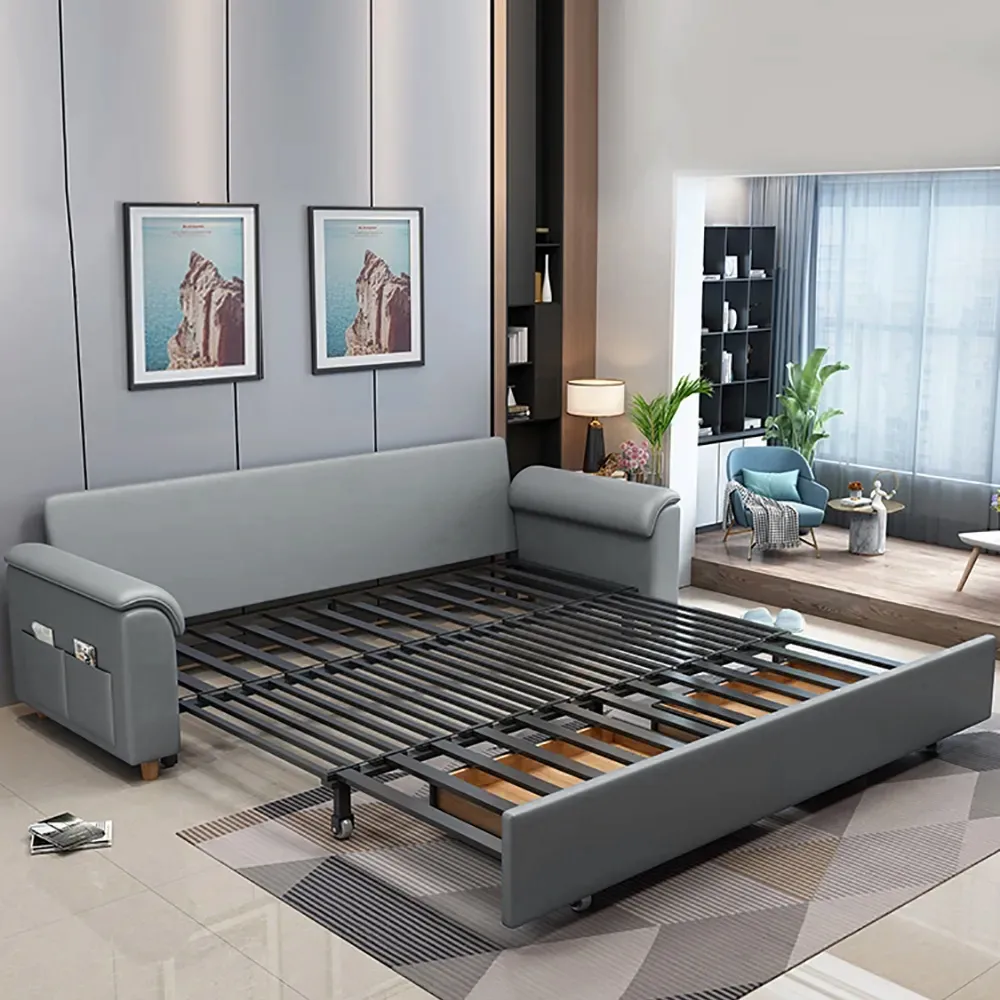 Leather Queen Size Sleeper Sofa with Trundle Pull Out Sofa Bed — image 17