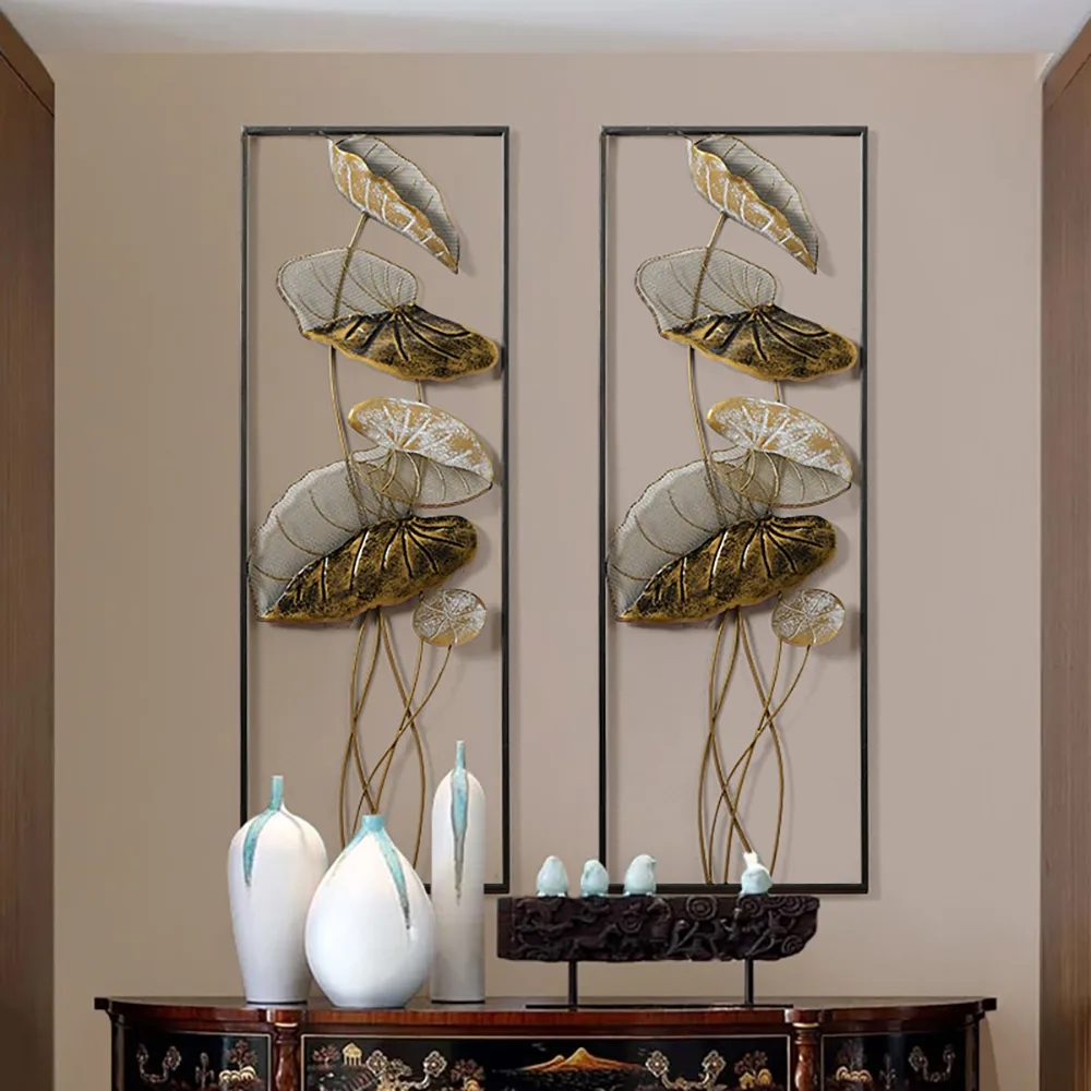 35.8" 2 Pieces Metal Lotus Leaves Wall Decor Set for Living Room with Black Frame — image 4
