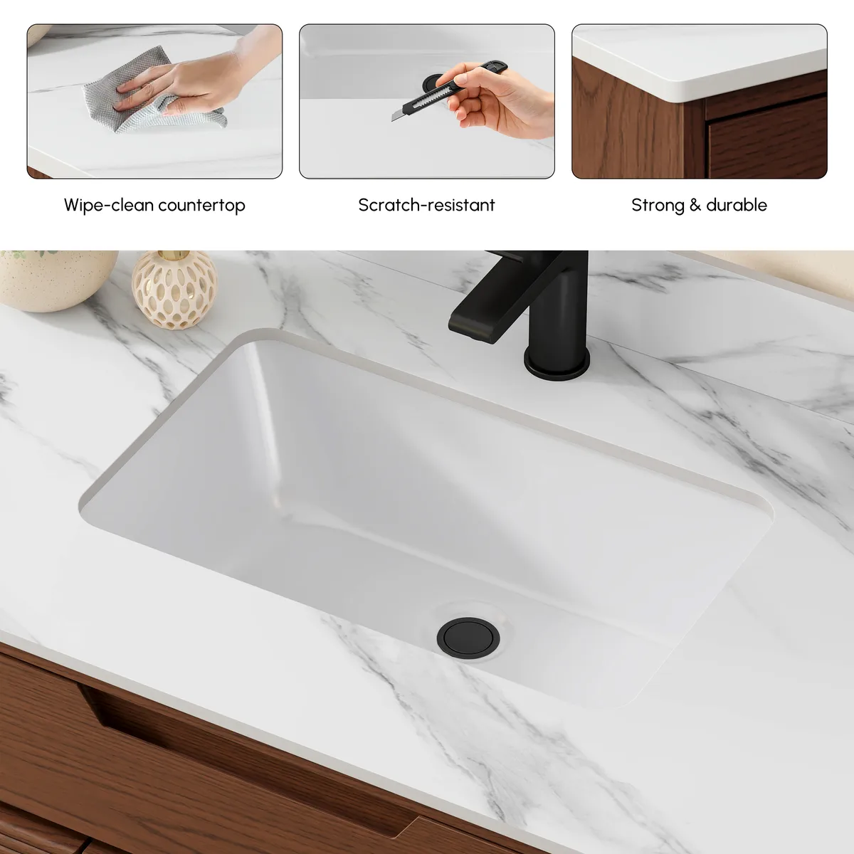 36" Walnut Single Bathroom Vanity with Sink and Sintered Stone Top — image 7