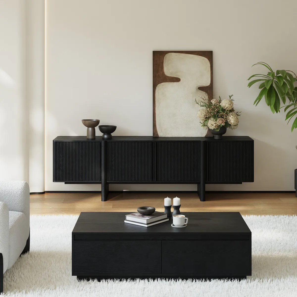 80" Solid Wood Fluted Black TV Stand with Cabinets — image 6
