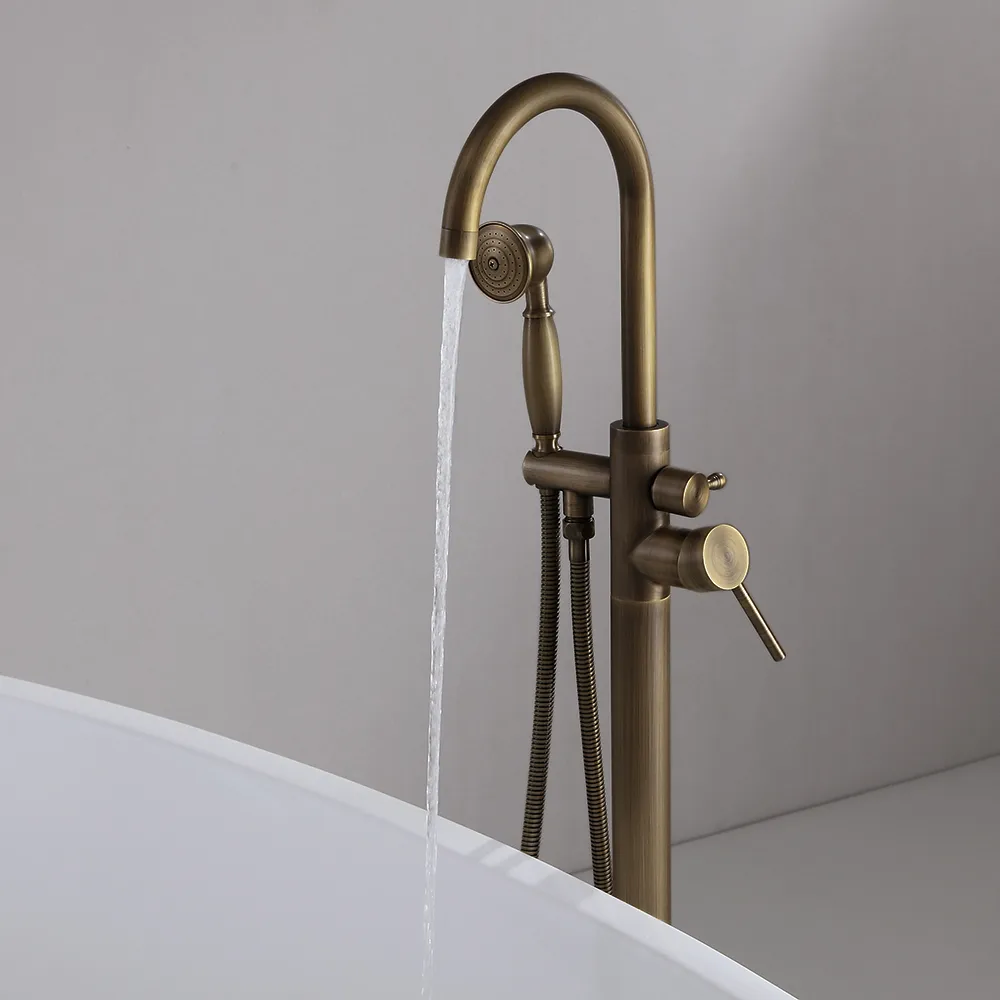 Classic Single Handle Swirling Spout Freestanding Tub Faucet with Handshower Solid — image 3