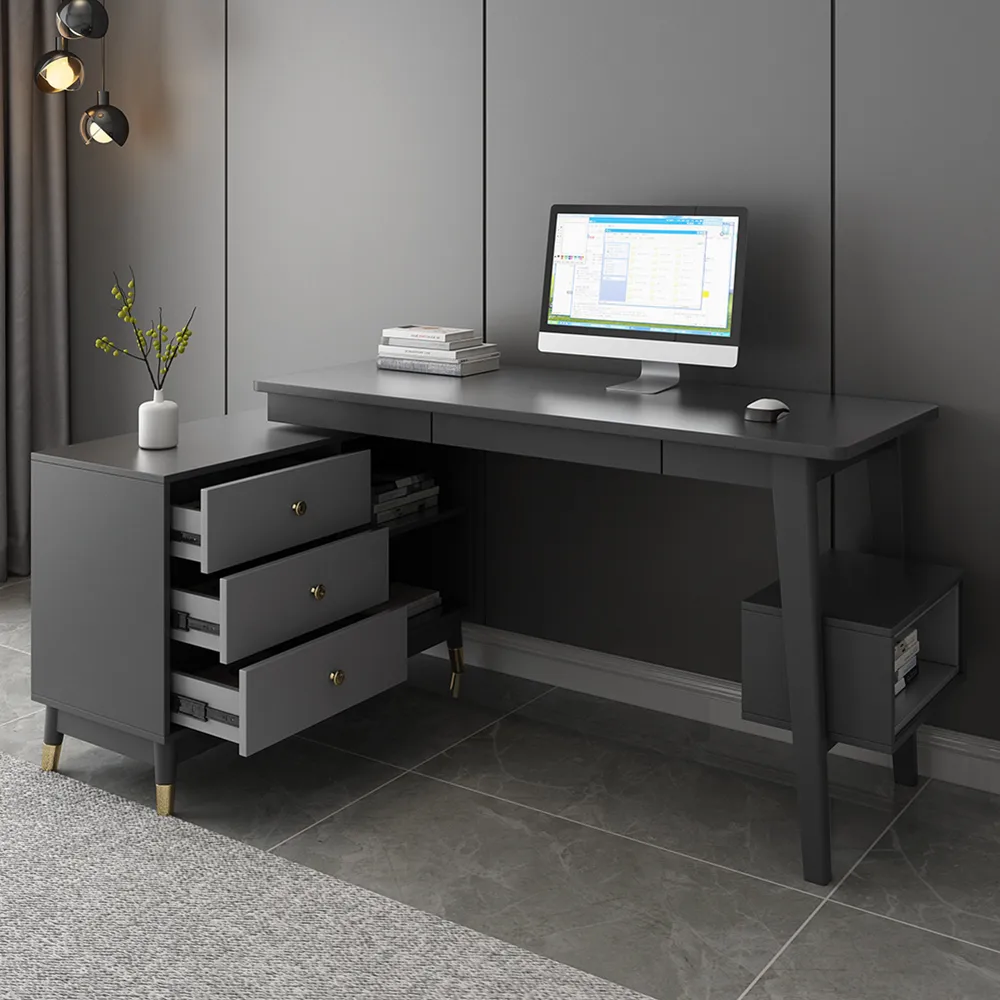 Ultic Gray Reversible L-Shaped Desk & Faux Leather Office Chair Set with Wheels — image 4