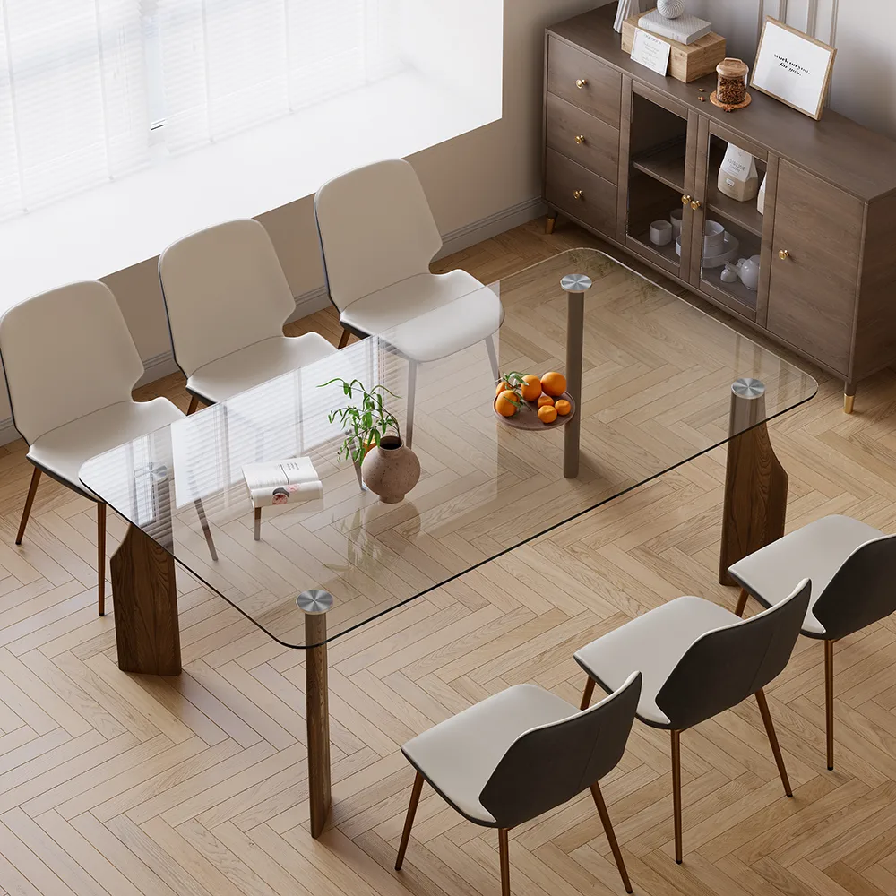 71" Rectangle Glass Dining Table for 8 Person Walnut Solid Wood 4-Legs — image 2