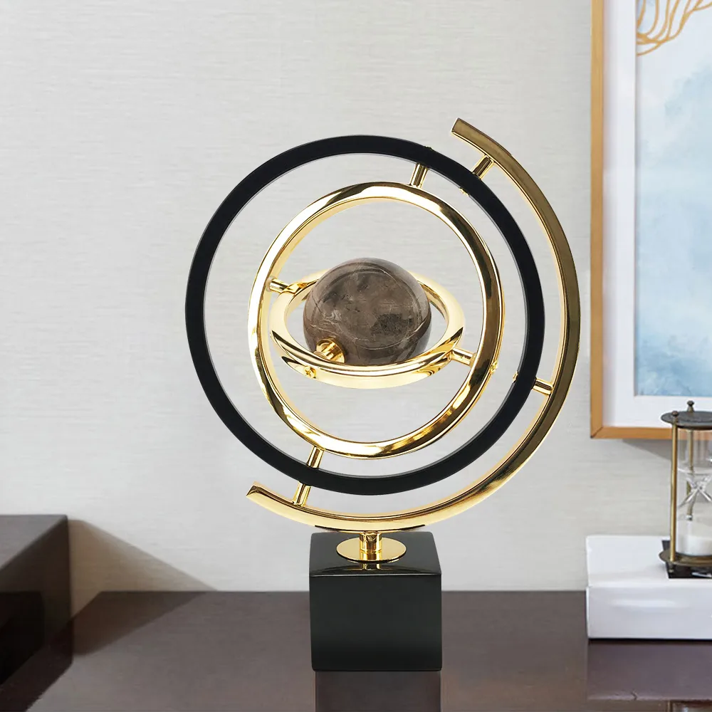 Modern Sculpture Decor Abstract Art Decoration Metal Globe Ornament Living Room Decor with Rectangle Stand