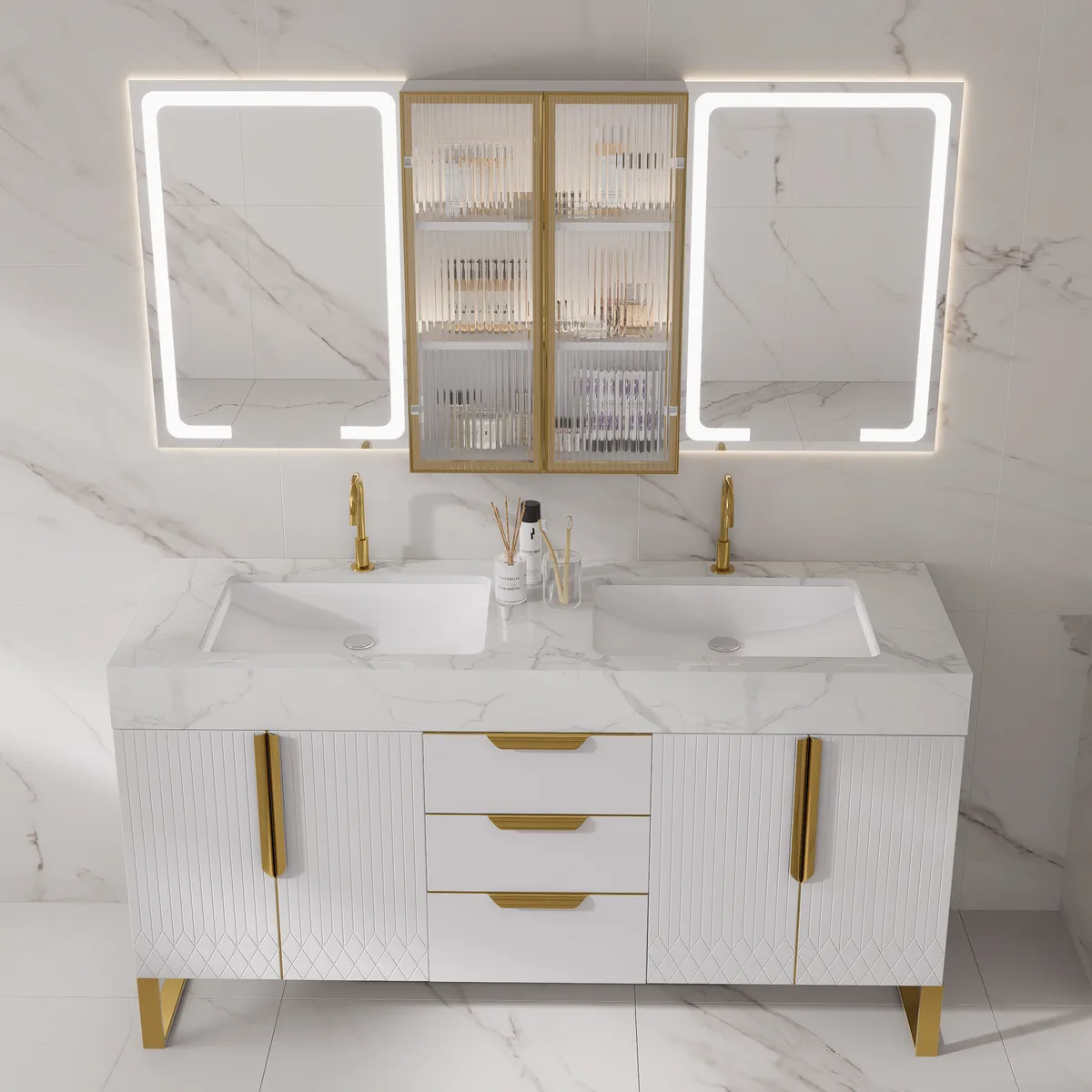 59" Double Sink Floating Vanity Set with LED Medicine Cabinet with Storage — image 12