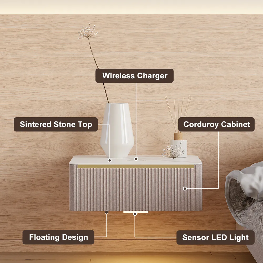 Modern Floating Corduroy Smart Nightstand Bedside Table with Light — image 9