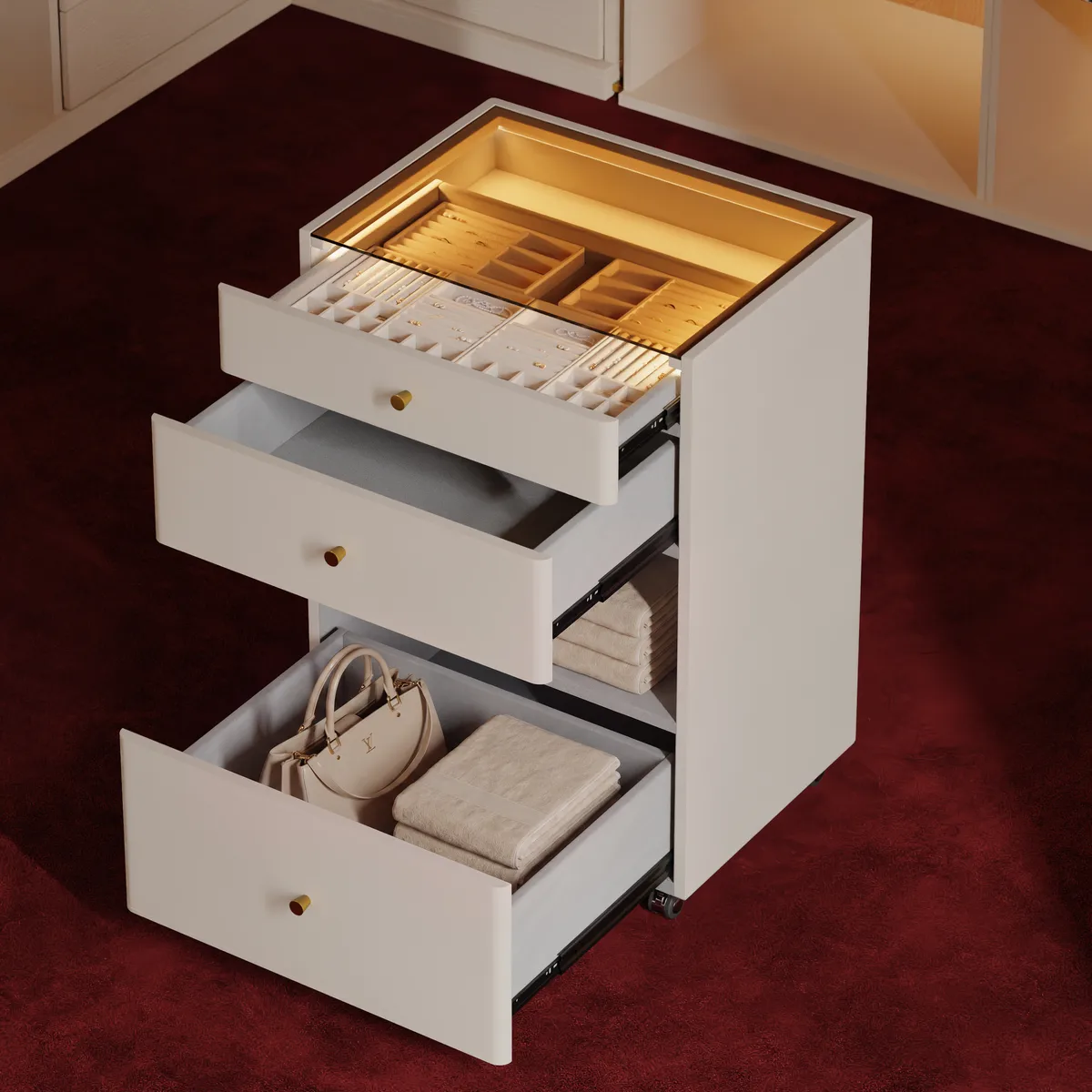 Walk-In Closet Island Jewelry Dresser with Glass Top & Light — image 21
