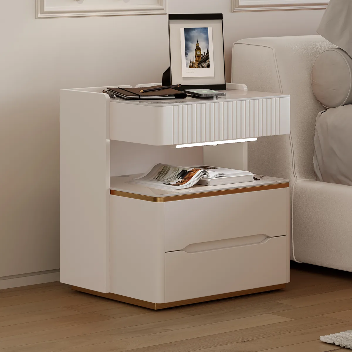 Modern Smart Nightstand with Wireless Charger & Sensor Light & Bluetooth Speakers Sintered Stone Bedisde Table — image 2