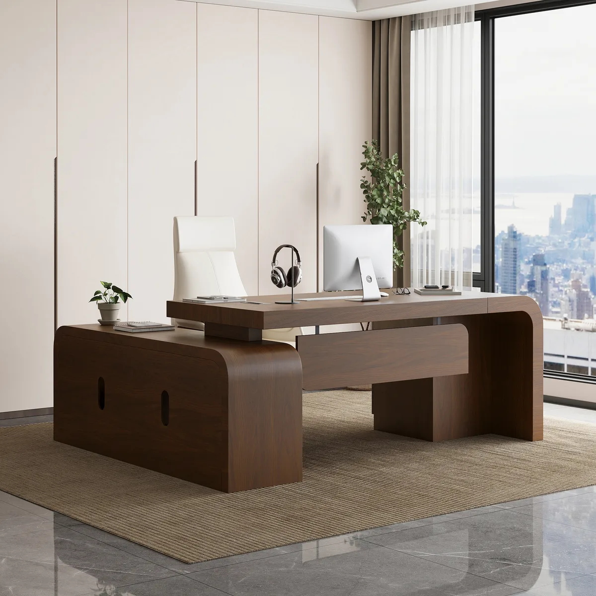 L-shaped Modern Executive Desk & Reclining Leather Office Desk Chair High Back — image 29