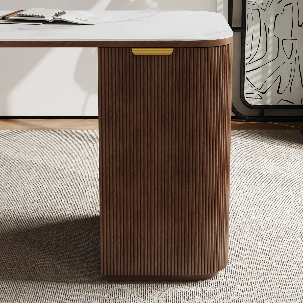 Walnut Ash Wood & Sintered Stone Rectangle Desk with 6 Drawers (63.8") — image 18