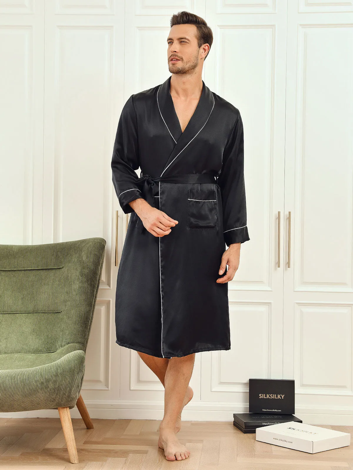 100% Mulberry Silk Lapel Collar Belted Robe — image 3