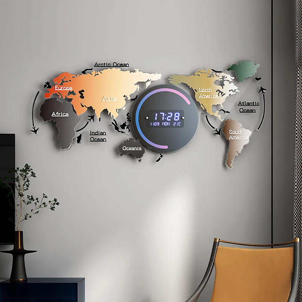 Modern Large Multifunctional World Map Wall Clock Decor With LED Digital Display Screen — image 2