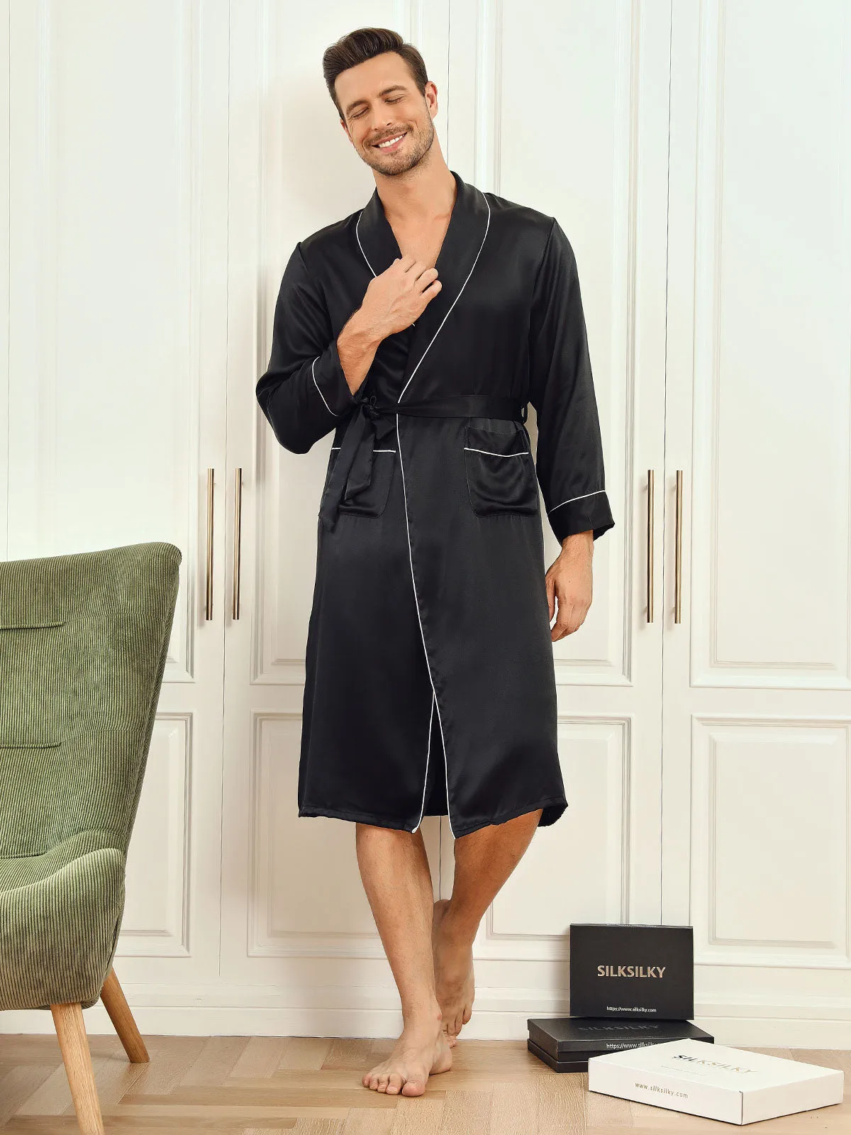 100% Mulberry Silk Lapel Collar Belted Robe