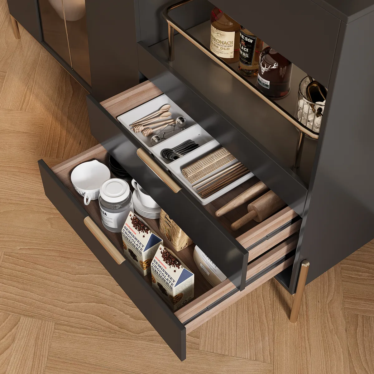 Dolawn Modern 55.1" Black Sideboard Buffet Tempered Glass Doors & Shelf Tray Wine Rack — image 9