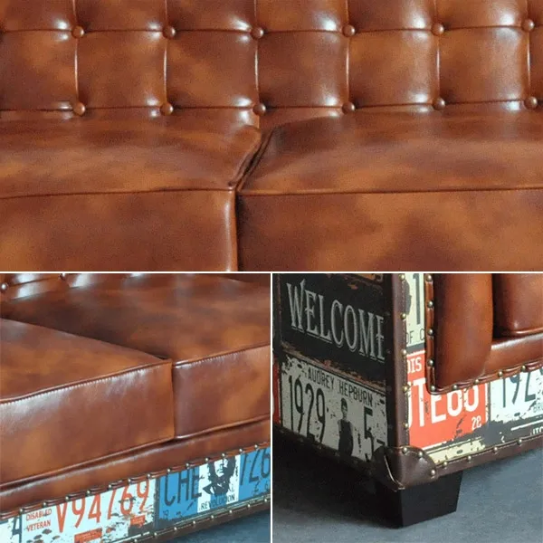 Vintage Industrial Loft 3-Seater Sofa Tufted Brown Faux Leather Upholstered Sofa — image 6