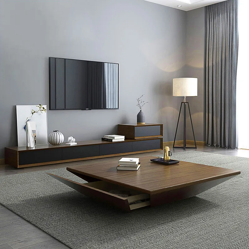 Modern Black Wood Coffee Table with Storage Square Drum with Drawer — image 14