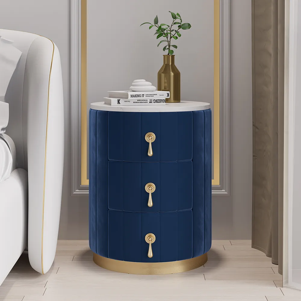 Modern Nightstand Gray Round Nightstand with 3 Drawers Nightstand with Storage