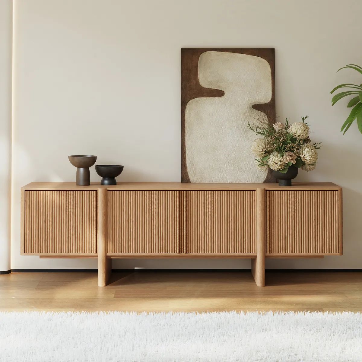 80" Solid Wood Fluted Black TV Stand with Cabinets — image 13