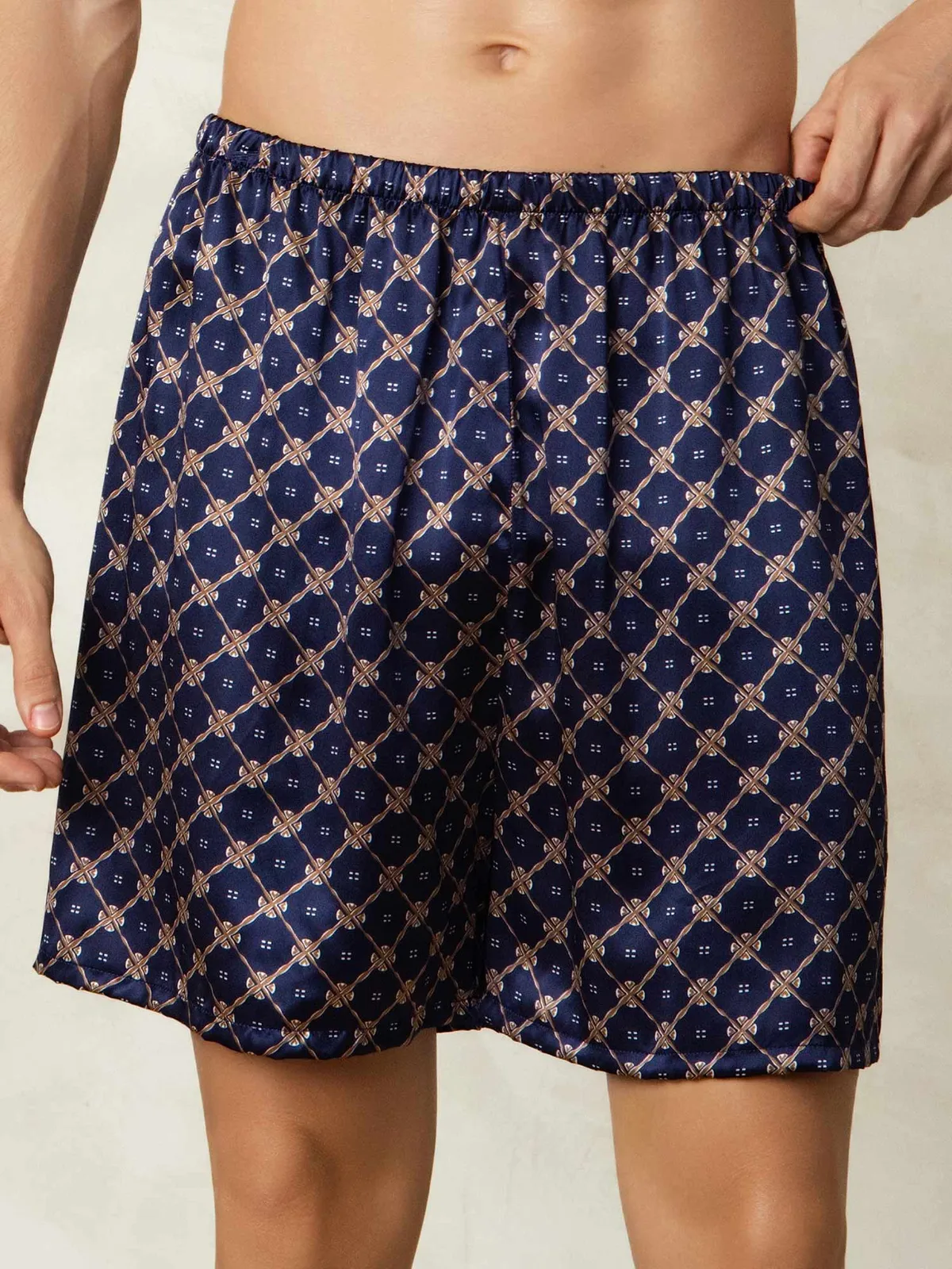 100% Mulberry Silk Navy Chain Print Elastic Waist Men's Sleep Shorts — image 3