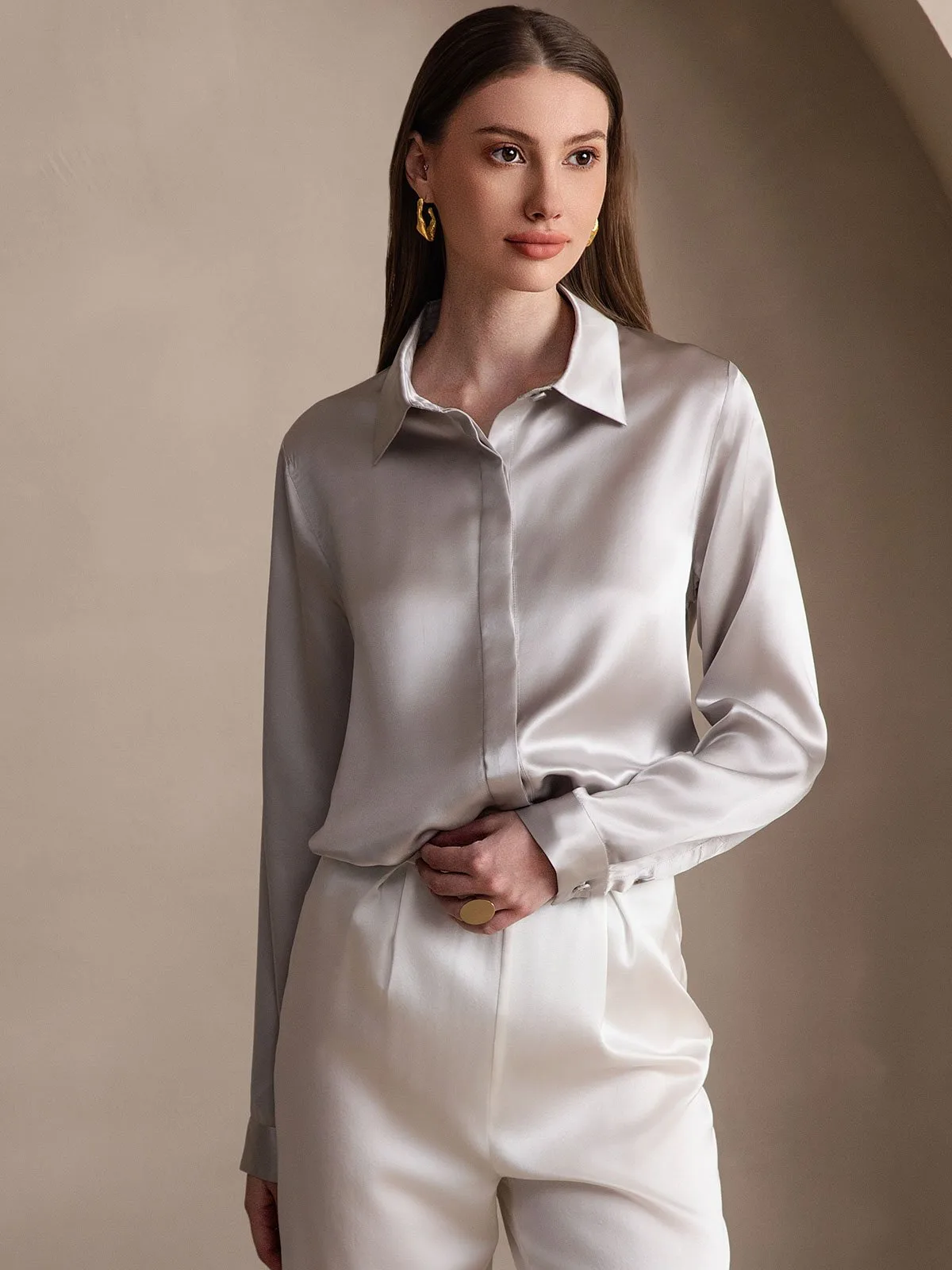 19Momme Silk Long Sleeve Lapel Collar Women's Shirt — image 7