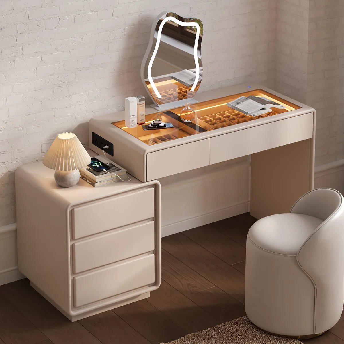 Haloa Modern Matte Warm White Makeup Vanity Set with LED Mirror, Glass Top & Jewelry Storage (40"-57")