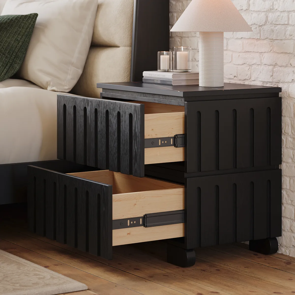 Modern Solid Wood King Upholstered Bed & 2 Drawer Ash Wood Nightstand Set with with Faux Travertine Top — image 15