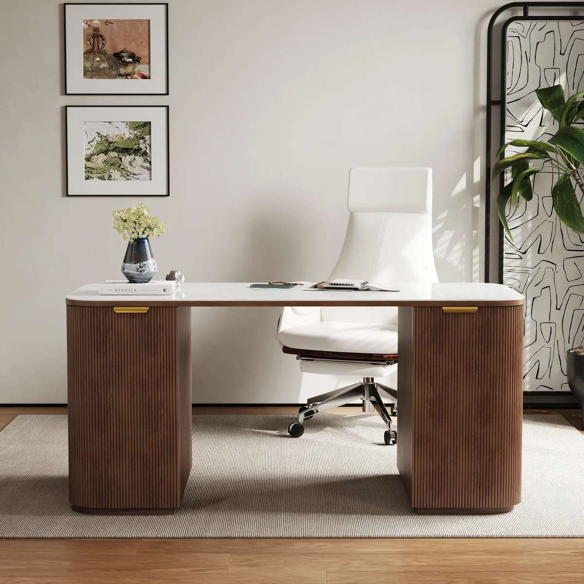 Walnut Ash Wood & Sintered Stone Rectangle Desk with 6 Drawers (63.8") — image 13