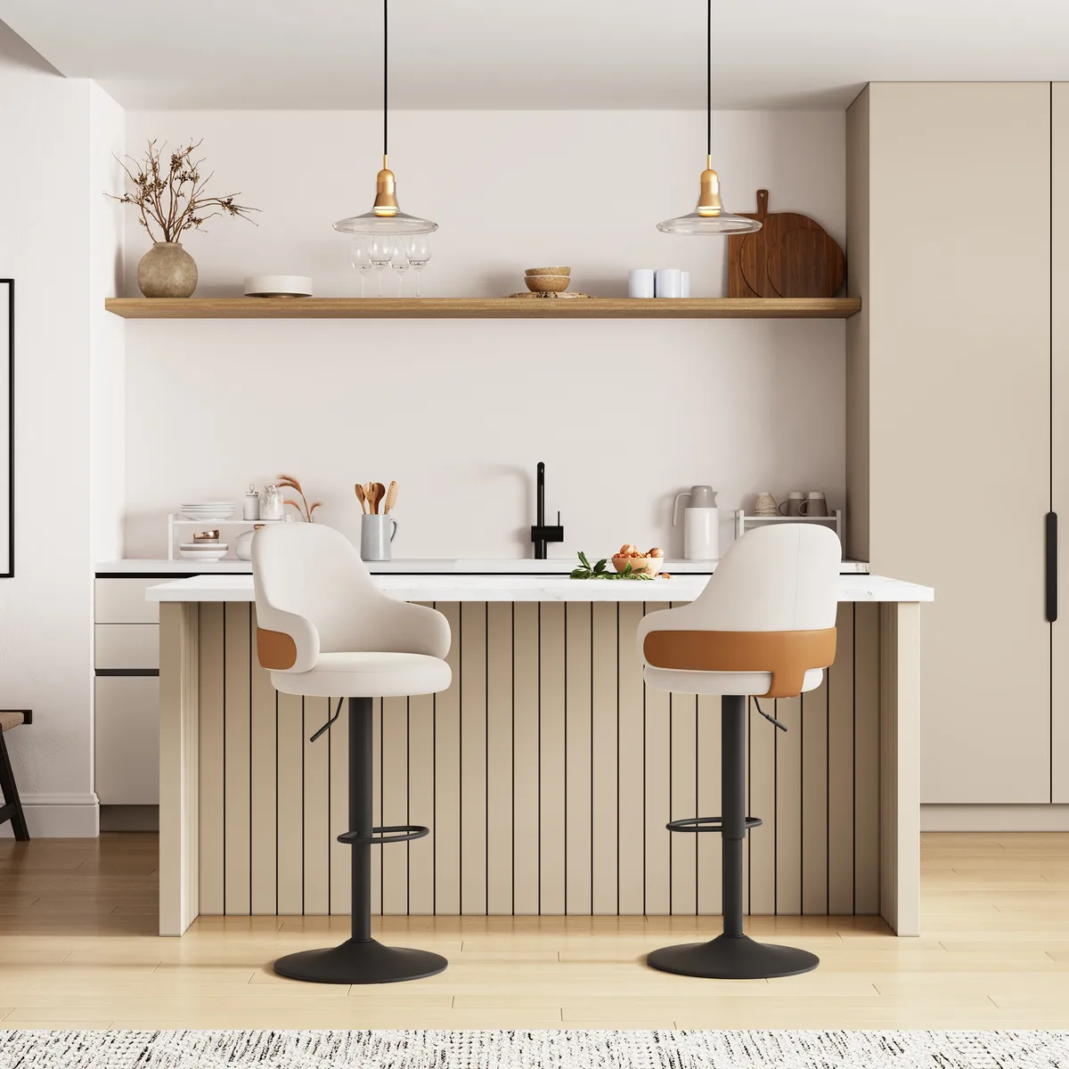 Swivel Bar Stool for Kitchen Island Curved Wing Back White Velvet Adjustable Height — image 3