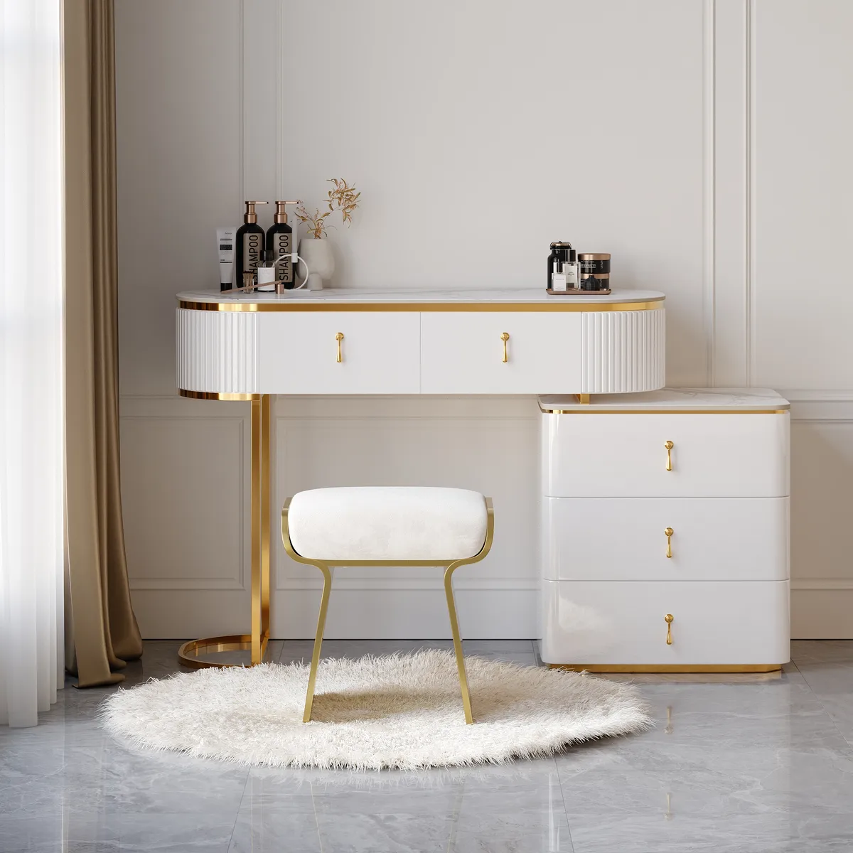 Nordic Makeup Vanity Extendable with 5-Drawer Dressing Table with Stone Top in Champagne — image 12