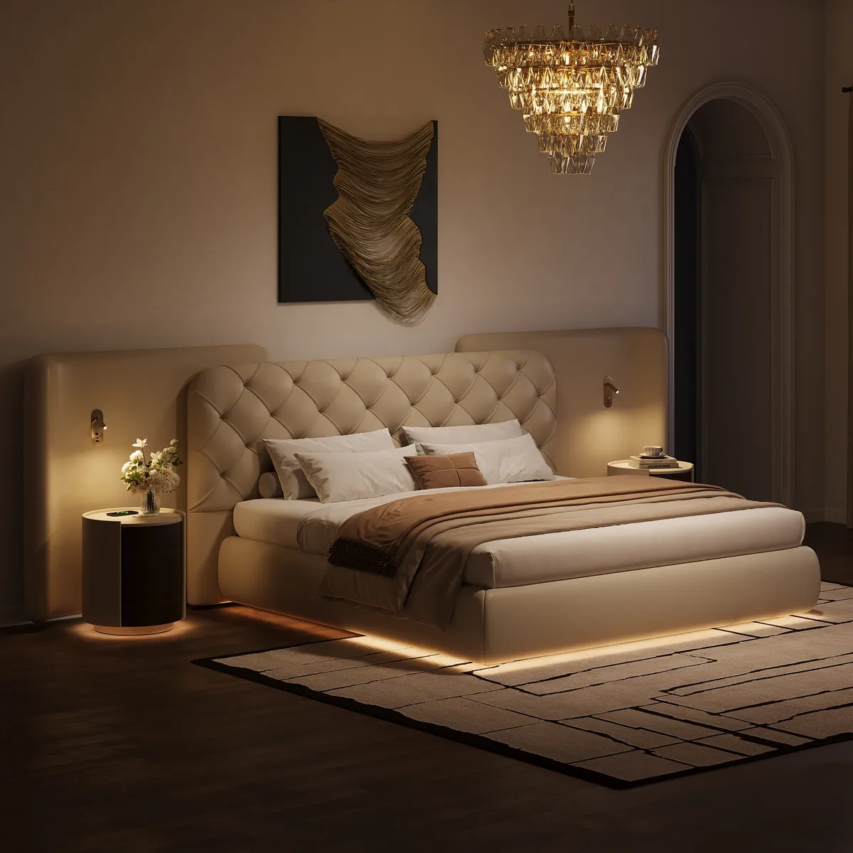 Modern King Genuine Leather Tufted Bed with Wide Charging Headboard & Light — image 2